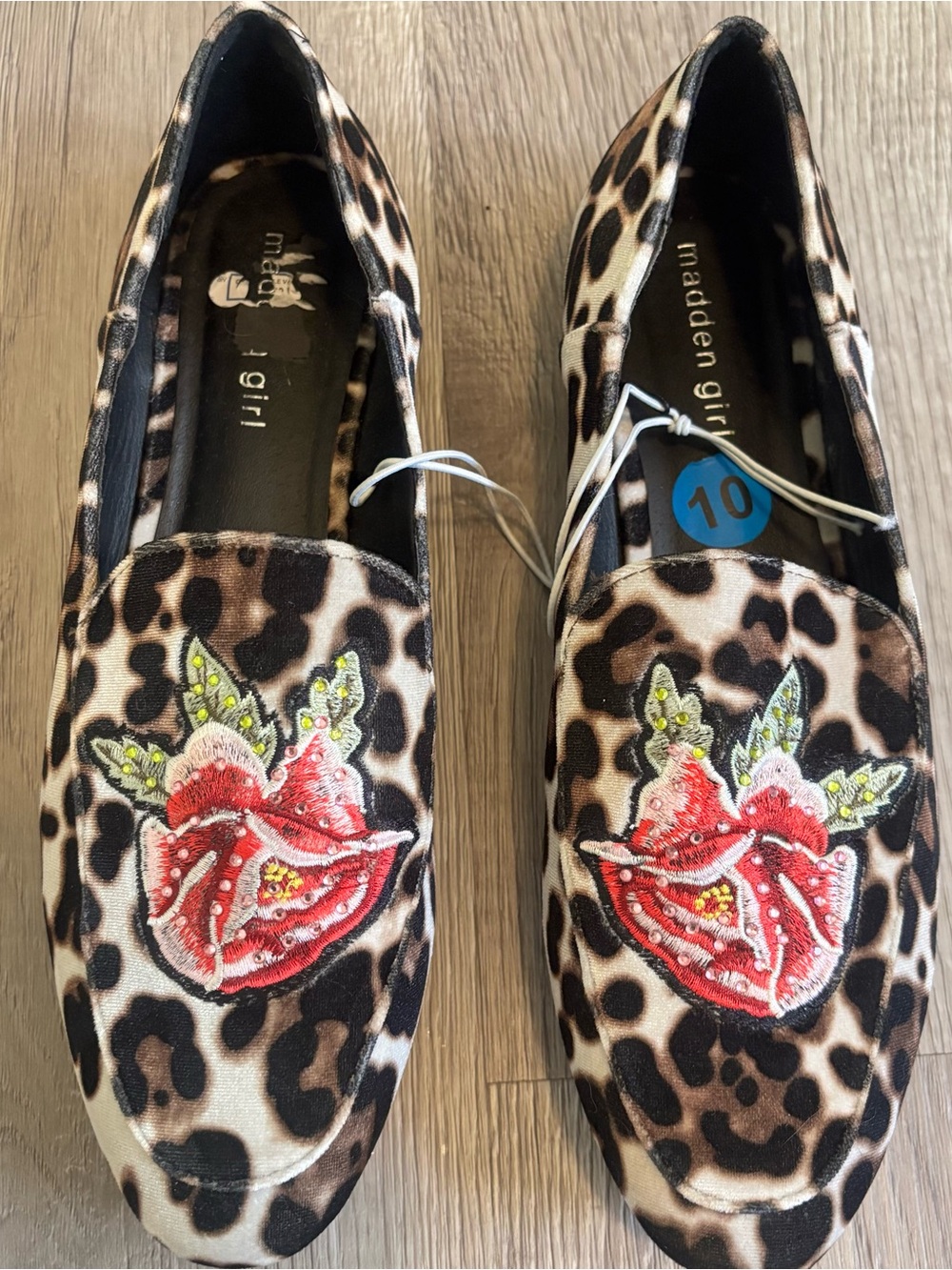 Madden Girl Leopard Print Loafers with Red Floral Embroidery